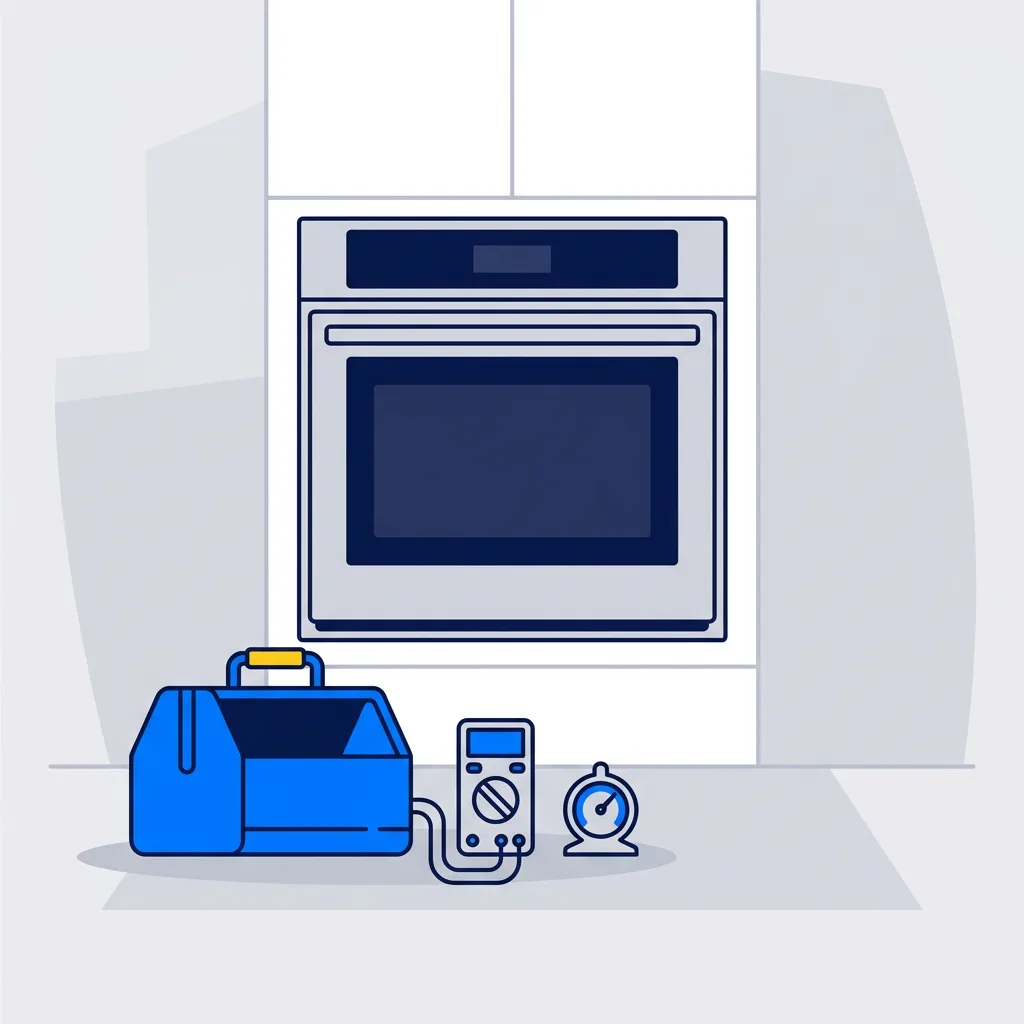 Wall oven with its door closed and repair tools on the counter below