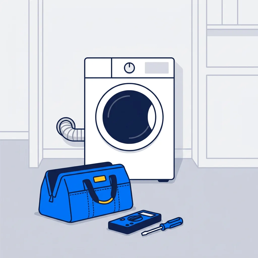 Front-load dryer with its vent hose and repair tools beside it