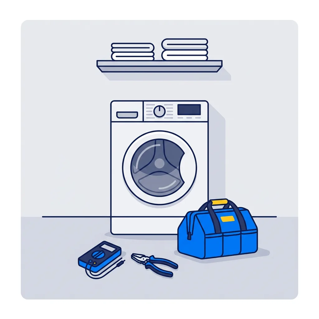 Front-load washer with repair tools in front of it