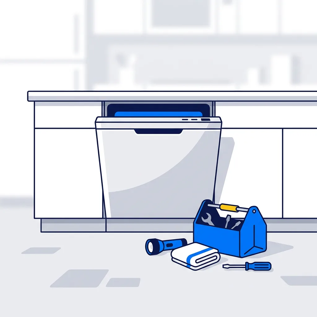 Built-in dishwasher under a kitchen counter with repair tools on the floor