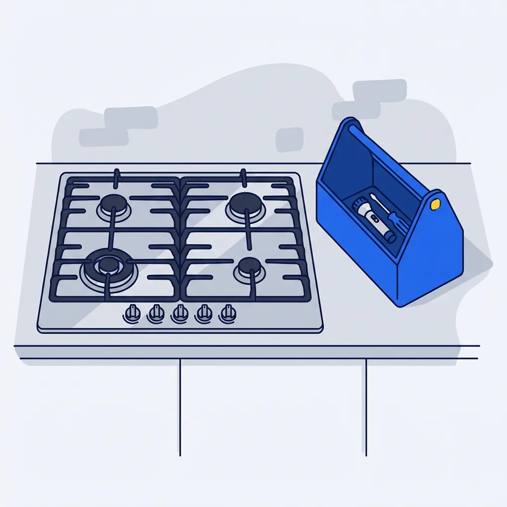 Gas cooktop with burners off and repair tools on the counter beside it