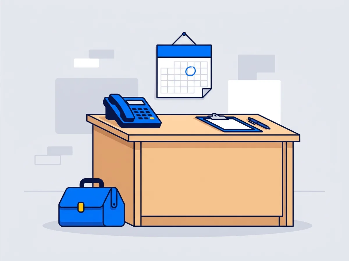 Repair desk with a phone, a calendar and a packed tool bag