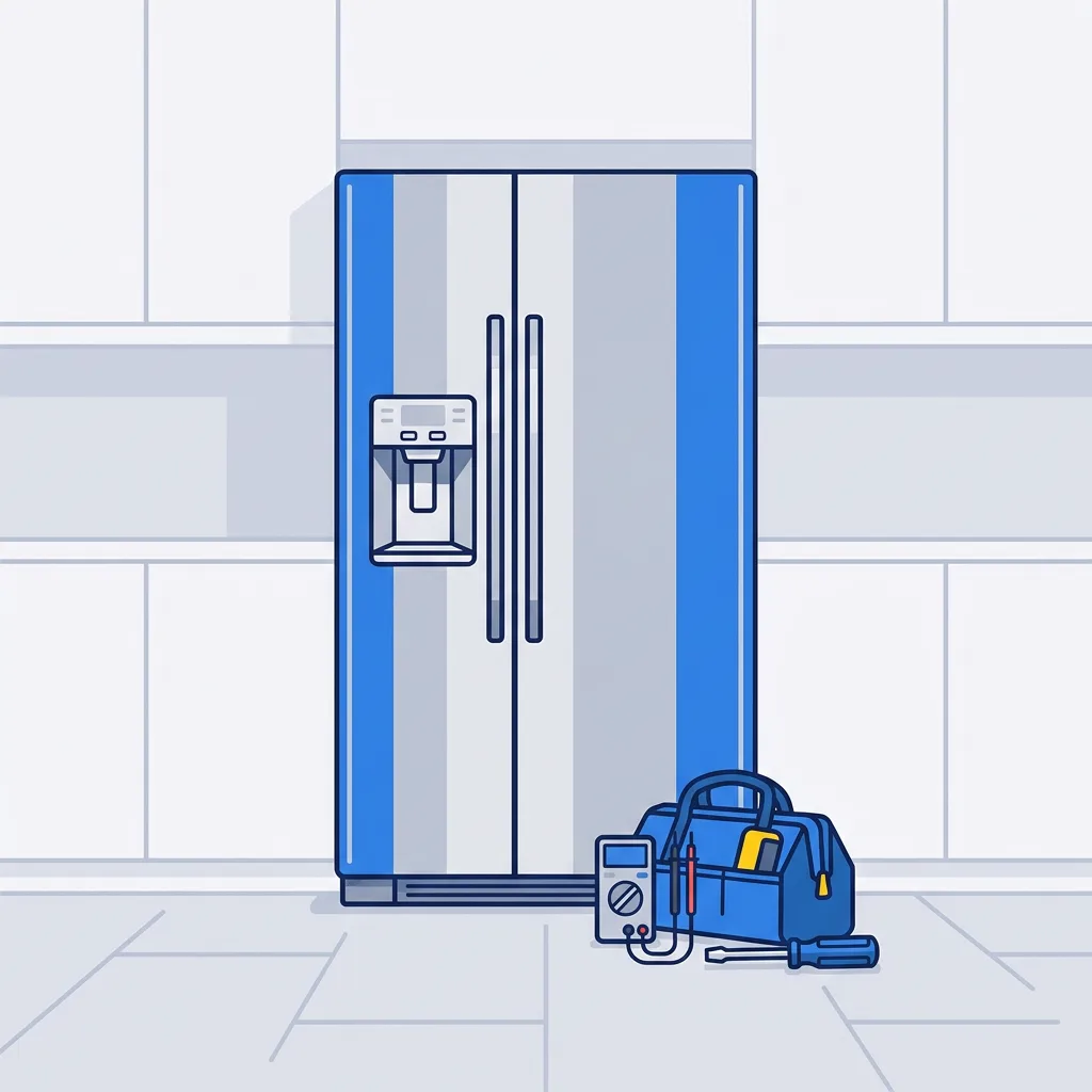 Side-by-side refrigerator with repair tools at its base